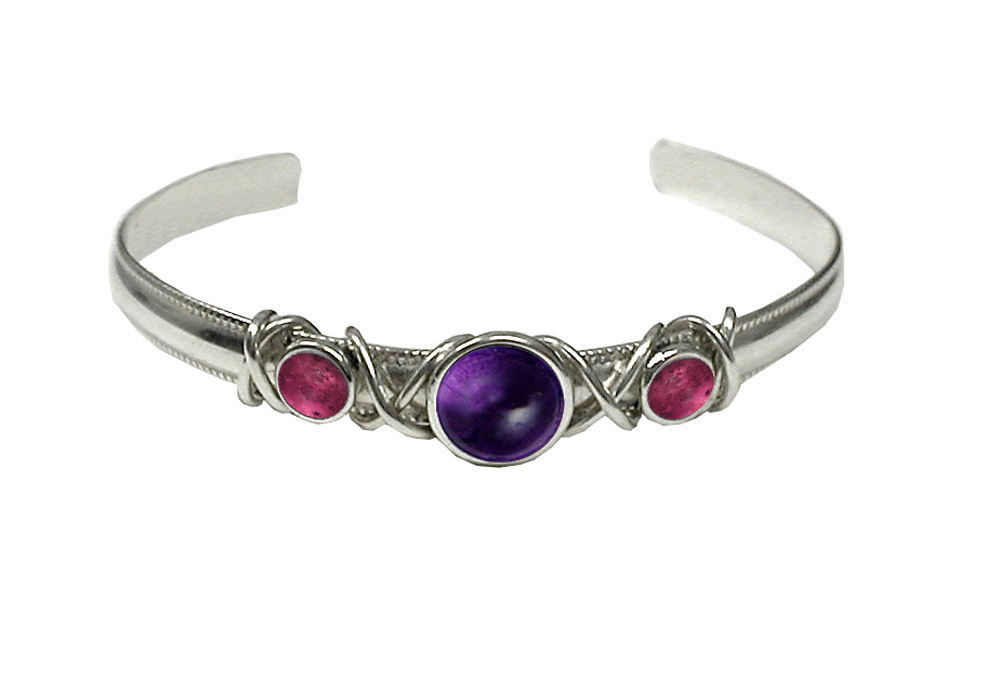 Sterling Silver Hand Made Cuff Bracelet With Amethyst And Pink Tourmaline